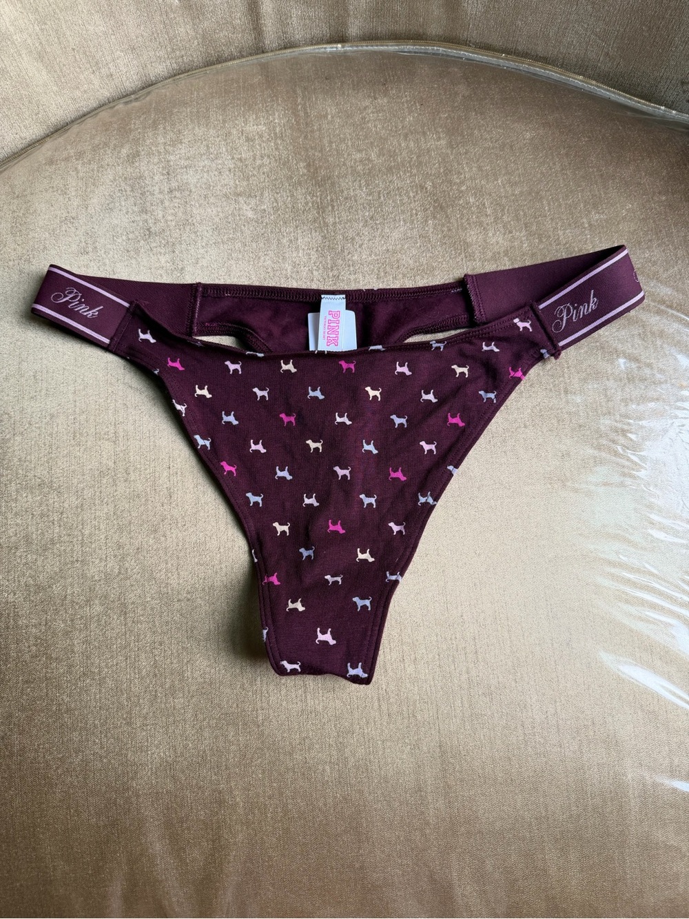 Victoria's Secret Pink Burgundy Bikini Bottoms with Multi-Color Dog Print